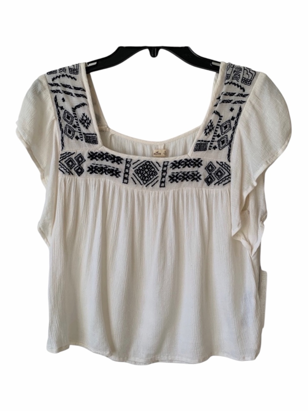 Hollister Top Women XS Blue Cream Flutter Sleeve Pleated Embroidery Boho Peasant